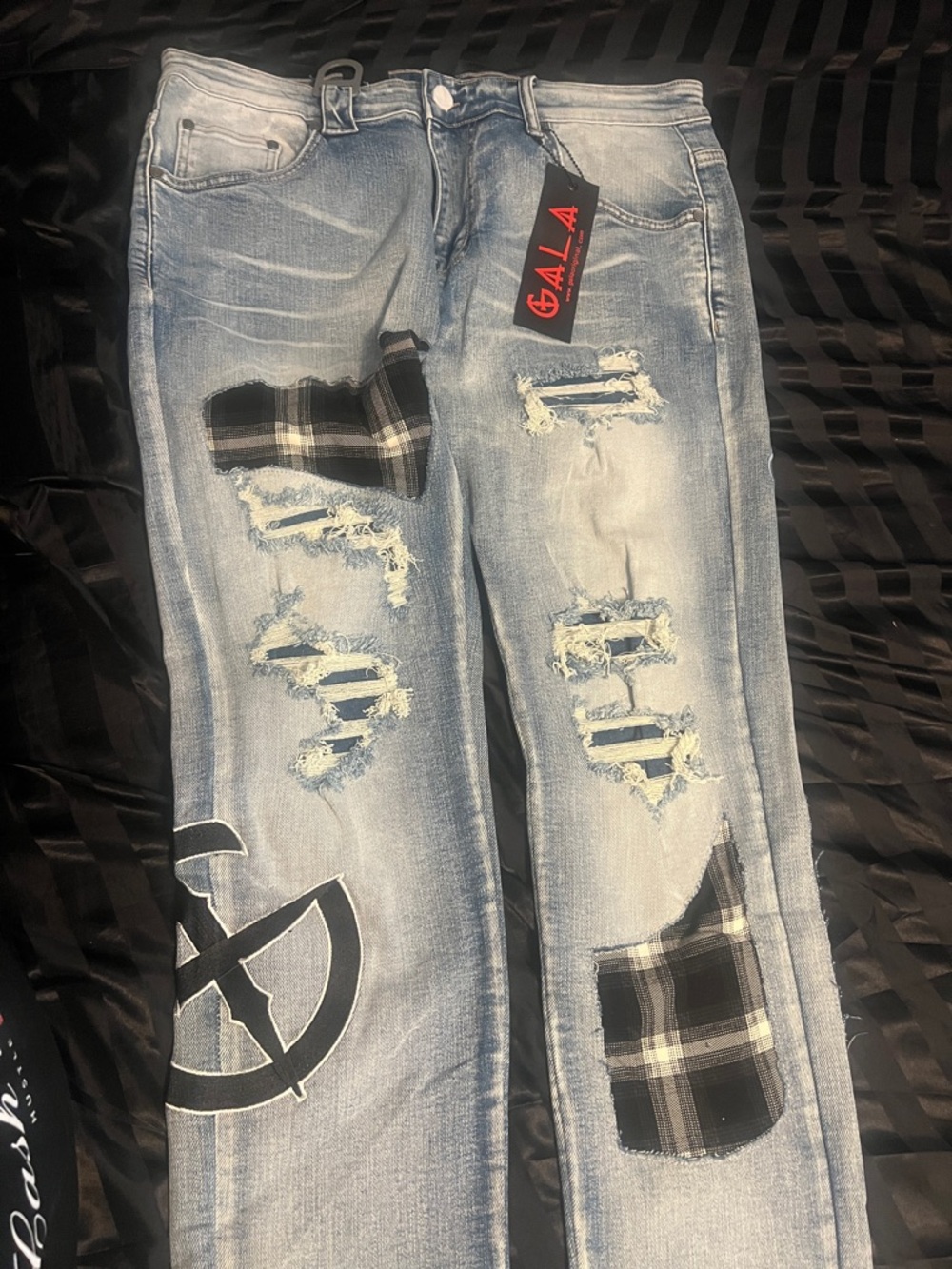Gala Light Blue Stacked Jeans with Plaid Patch Work & Distressed Details